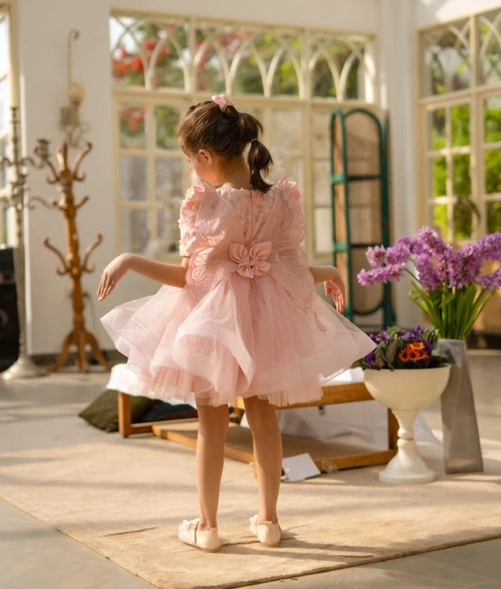 Peach 3D Flower Party Frock