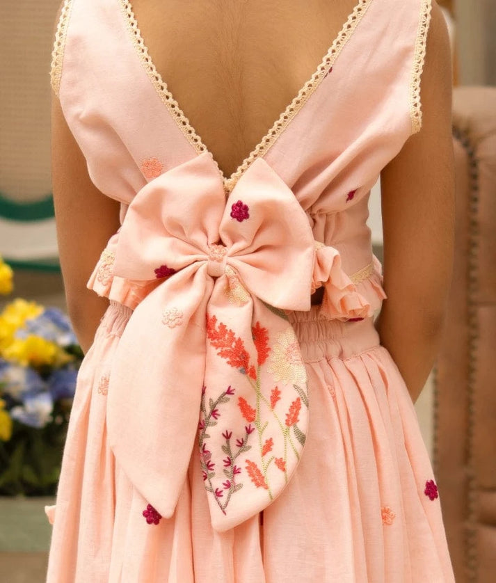 Manufactured by FAYON KIDS (Noida, U.P) Peach Blush Embroidered Crop Top Set