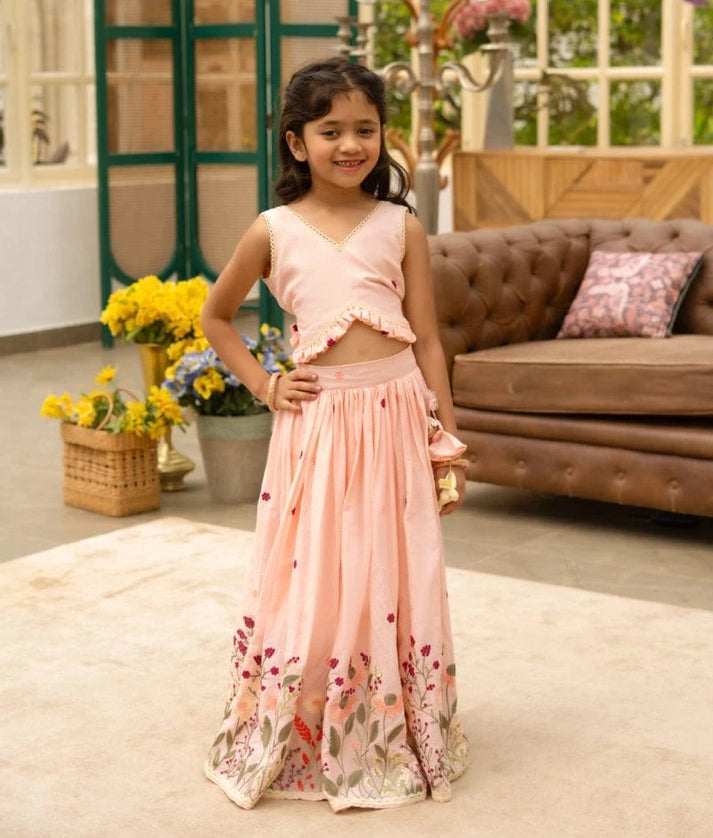 Manufactured by FAYON KIDS (Noida, U.P) Peach Blush Embroidered Crop Top Set