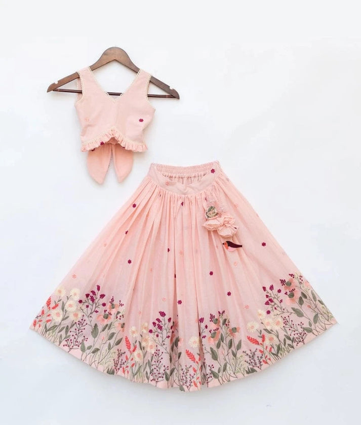 Manufactured by FAYON KIDS (Noida, U.P) Peach Blush Embroidered Crop Top Set