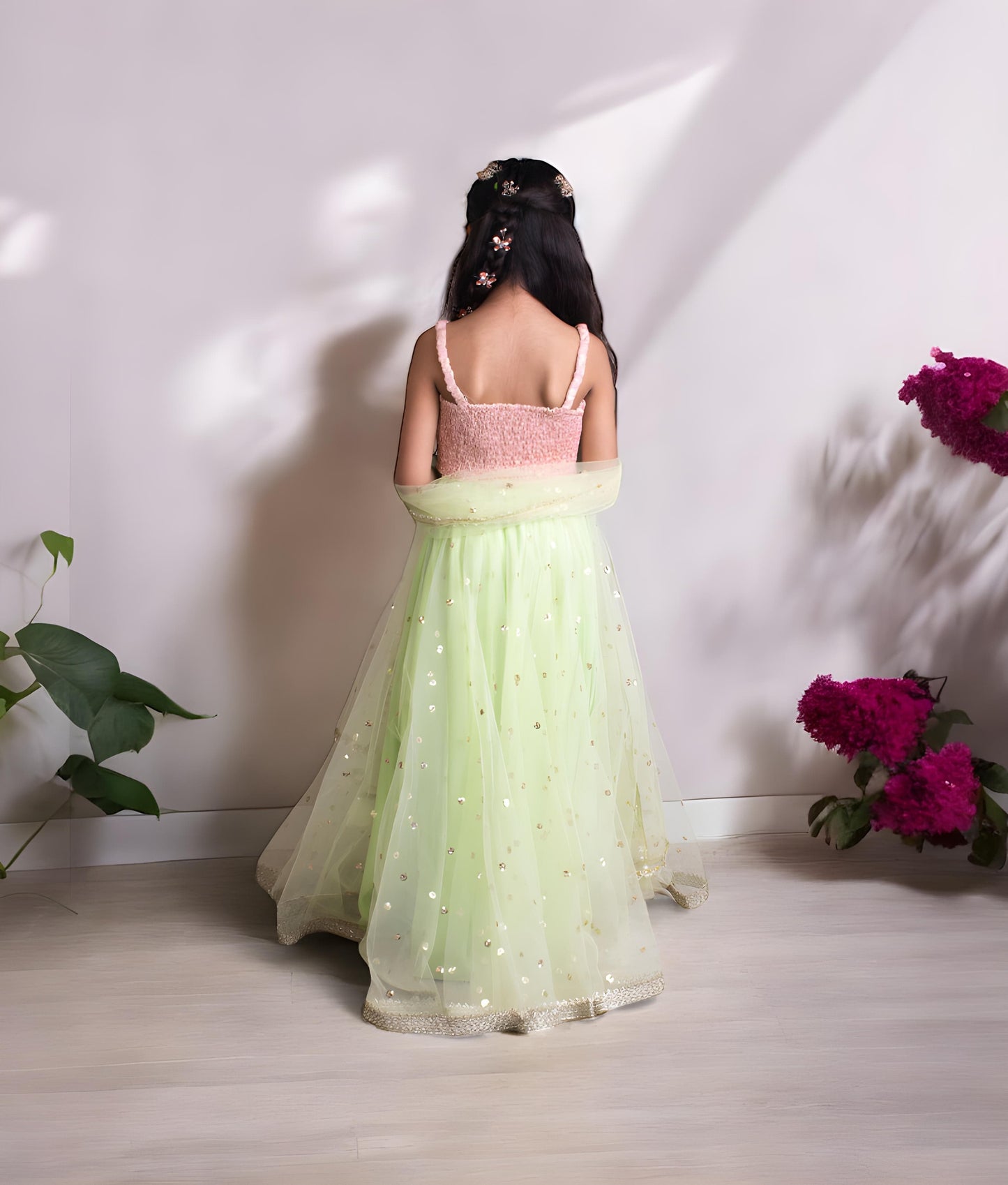 Manufactured by FAYON KIDS (Noida, U.P) Peach Brocade Choli with Green Lehenga
