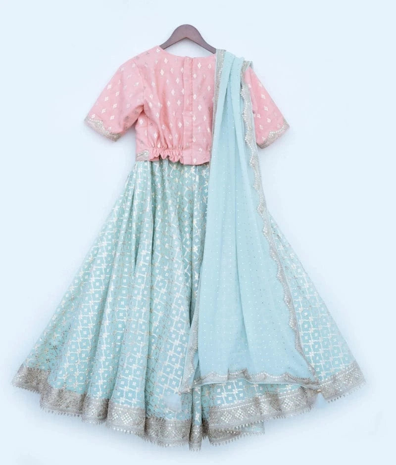 Manufactured by FAYON KIDS (Noida, U.P) Peach Brocade Lehenga Set