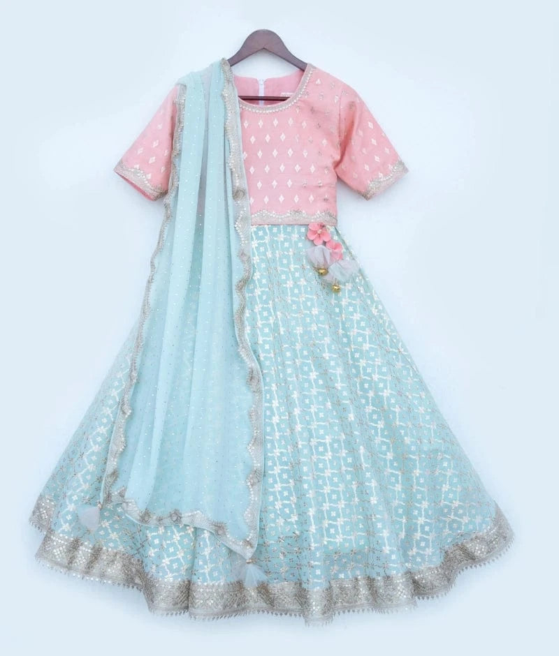 Manufactured by FAYON KIDS (Noida, U.P) Peach Brocade Lehenga Set