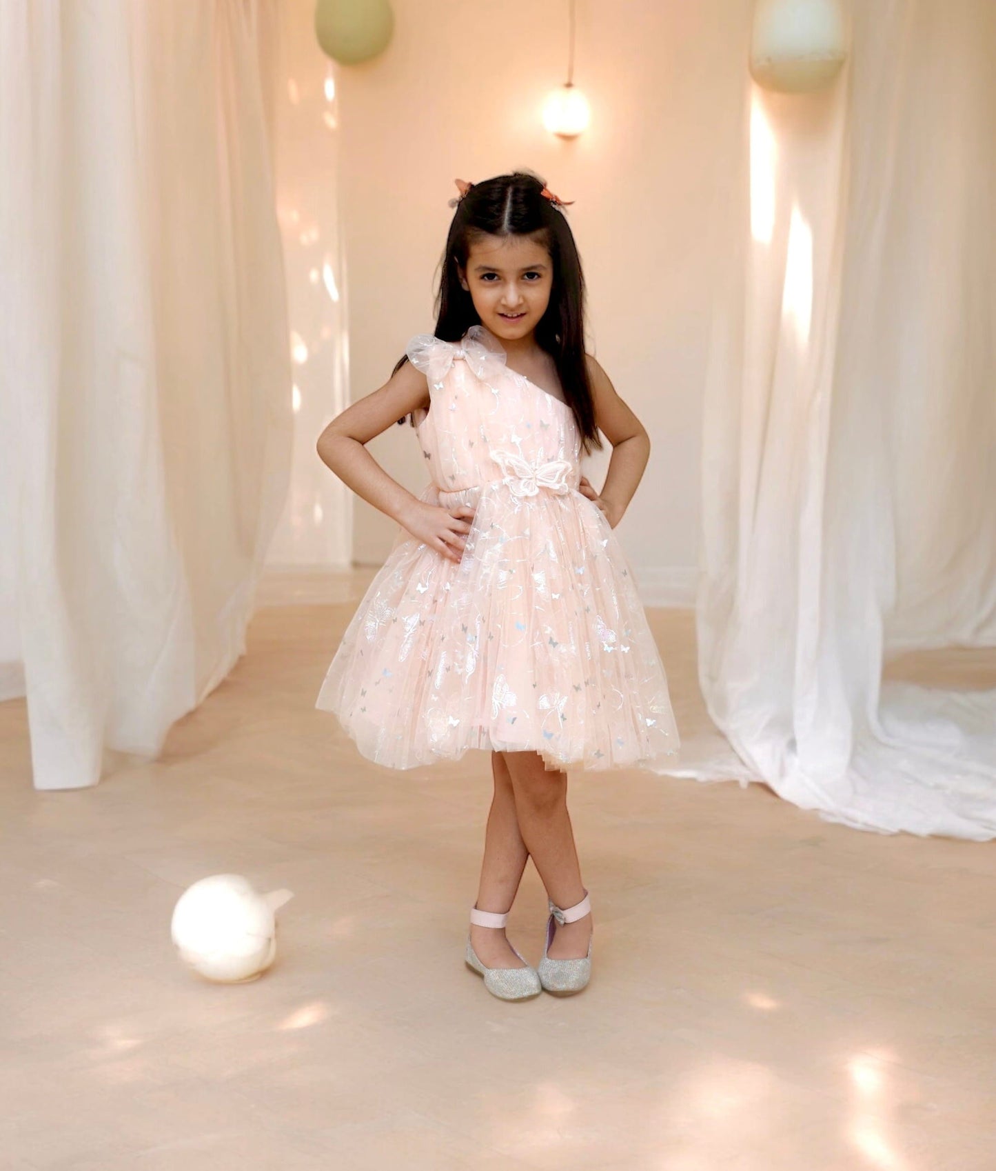 Manufactured by FAYON KIDS (Noida, U.P) Peach Butterfly one shoulder Frock