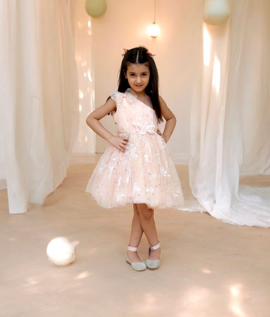 Manufactured by FAYON KIDS (Noida, U.P) Peach Butterfly one shoulder Frock