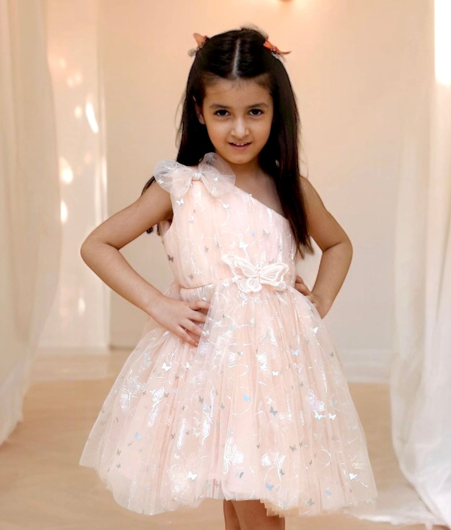 Manufactured by FAYON KIDS (Noida, U.P) Peach Butterfly one shoulder Frock