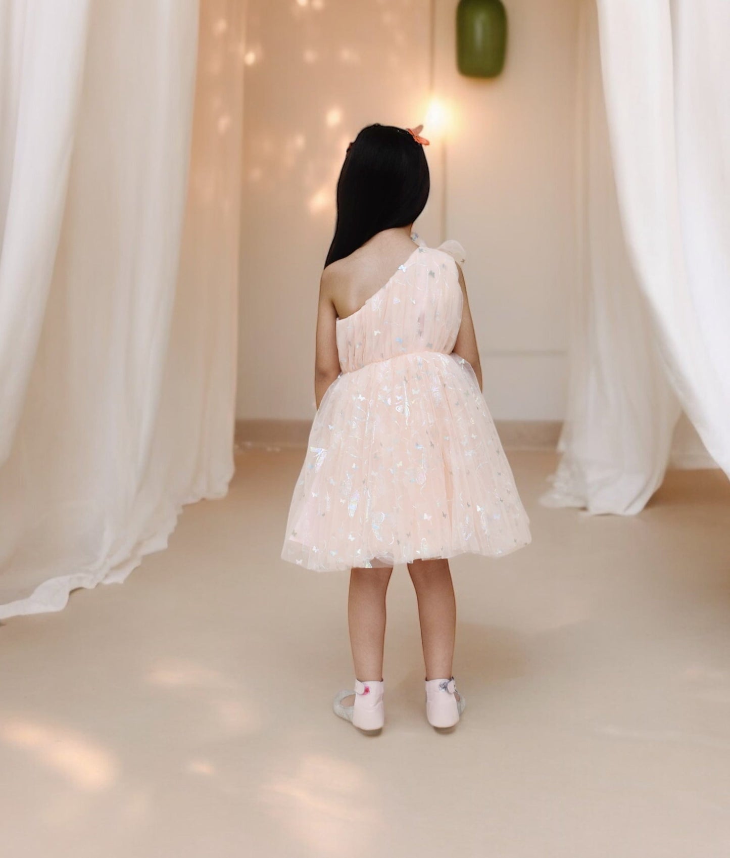Manufactured by FAYON KIDS (Noida, U.P) Peach Butterfly one shoulder Frock