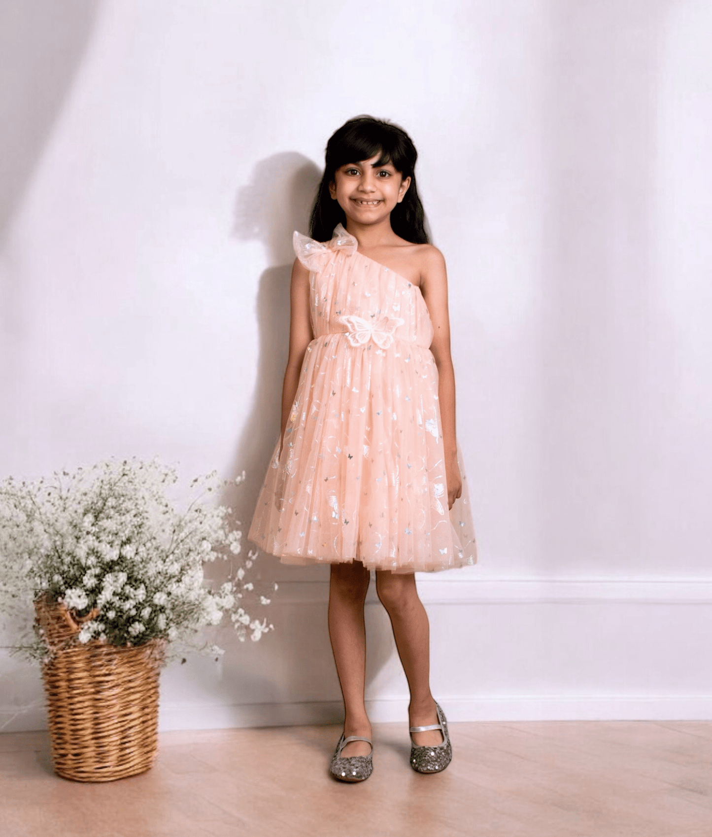 Manufactured by FAYON KIDS (Noida, U.P) Peach Butterfly one shoulder Frock