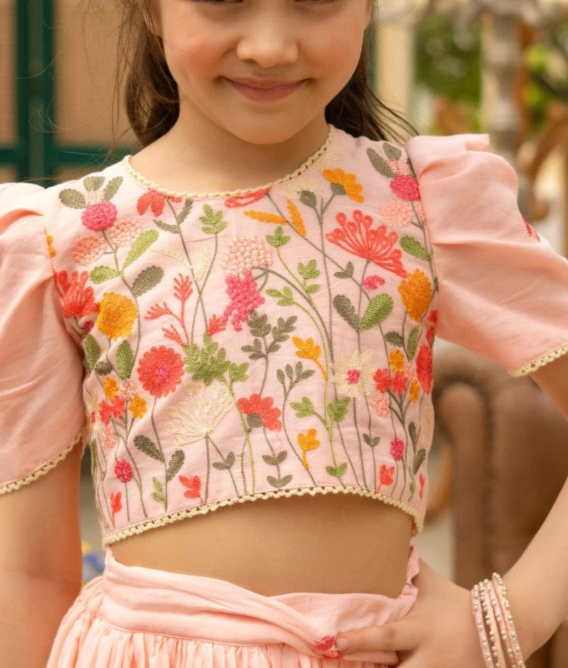 Manufactured by FAYON KIDS (Noida, U.P) Peach Embroiderd Lehenga Choli Set