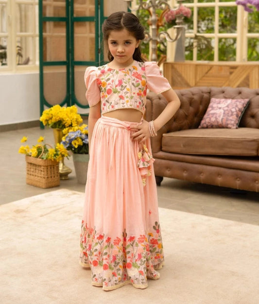 Manufactured by FAYON KIDS (Noida, U.P) Peach Embroiderd Lehenga Choli Set