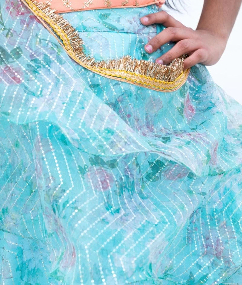 Manufactured by FAYON KIDS (Noida, U.P) Peach Embroidered Choli with Printed Organza Lehenga Set