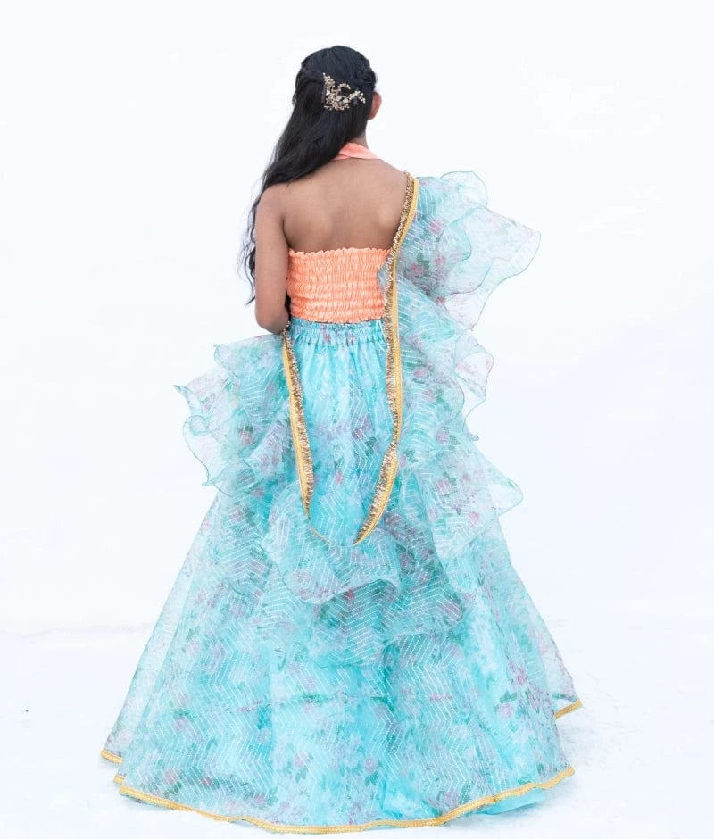 Manufactured by FAYON KIDS (Noida, U.P) Peach Embroidered Choli with Printed Organza Lehenga Set