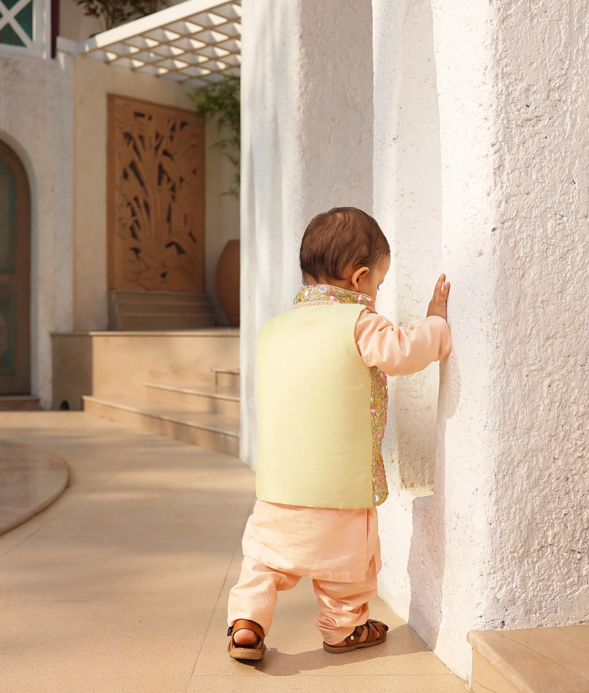 Manufactured by FAYON KIDS (Noida, U.P) Peach Embroidered Jacket with Kurta and Pant