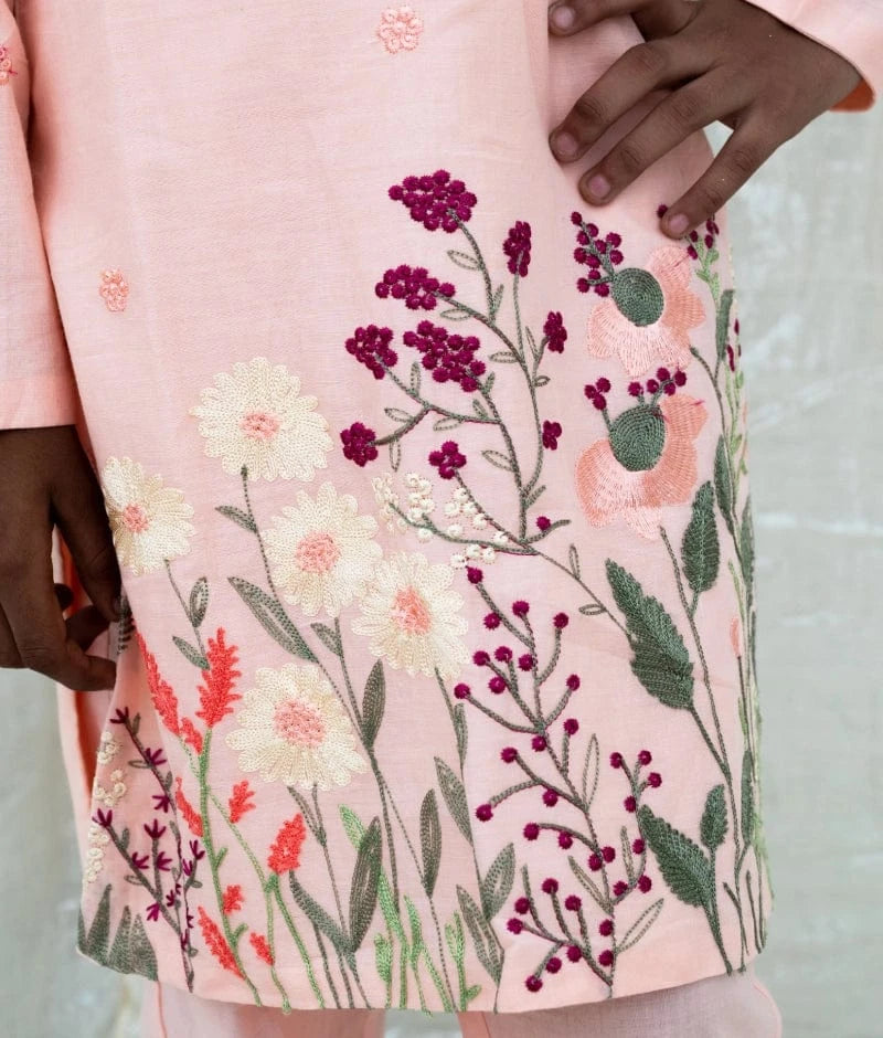 Manufactured by FAYON KIDS (Noida, U.P) Peach Embroidered Kurta Set