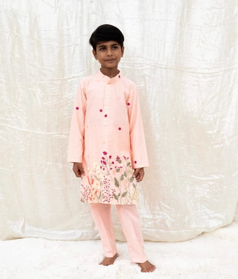 Manufactured by FAYON KIDS (Noida, U.P) Peach Embroidered Kurta Set