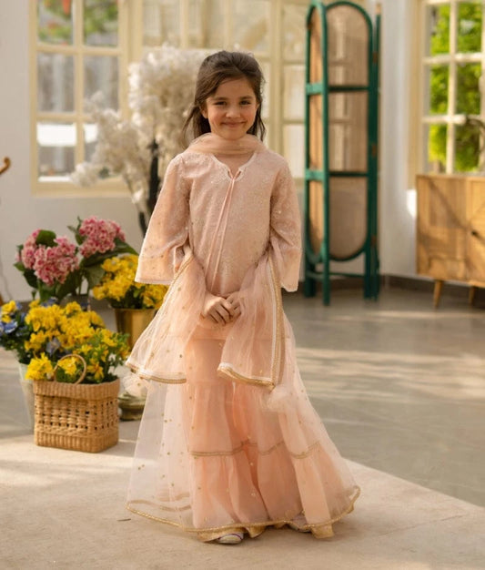 Manufactured by FAYON KIDS (Noida, U.P) Peach Embroidered Kurti Sharara