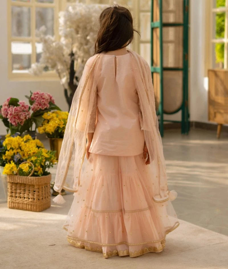 Manufactured by FAYON KIDS (Noida, U.P) Peach Embroidered Kurti Sharara