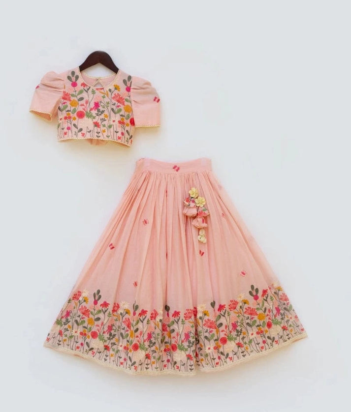 Manufactured by FAYON KIDS (Noida, U.P) Peach Embroidered Lehenga Choli Set