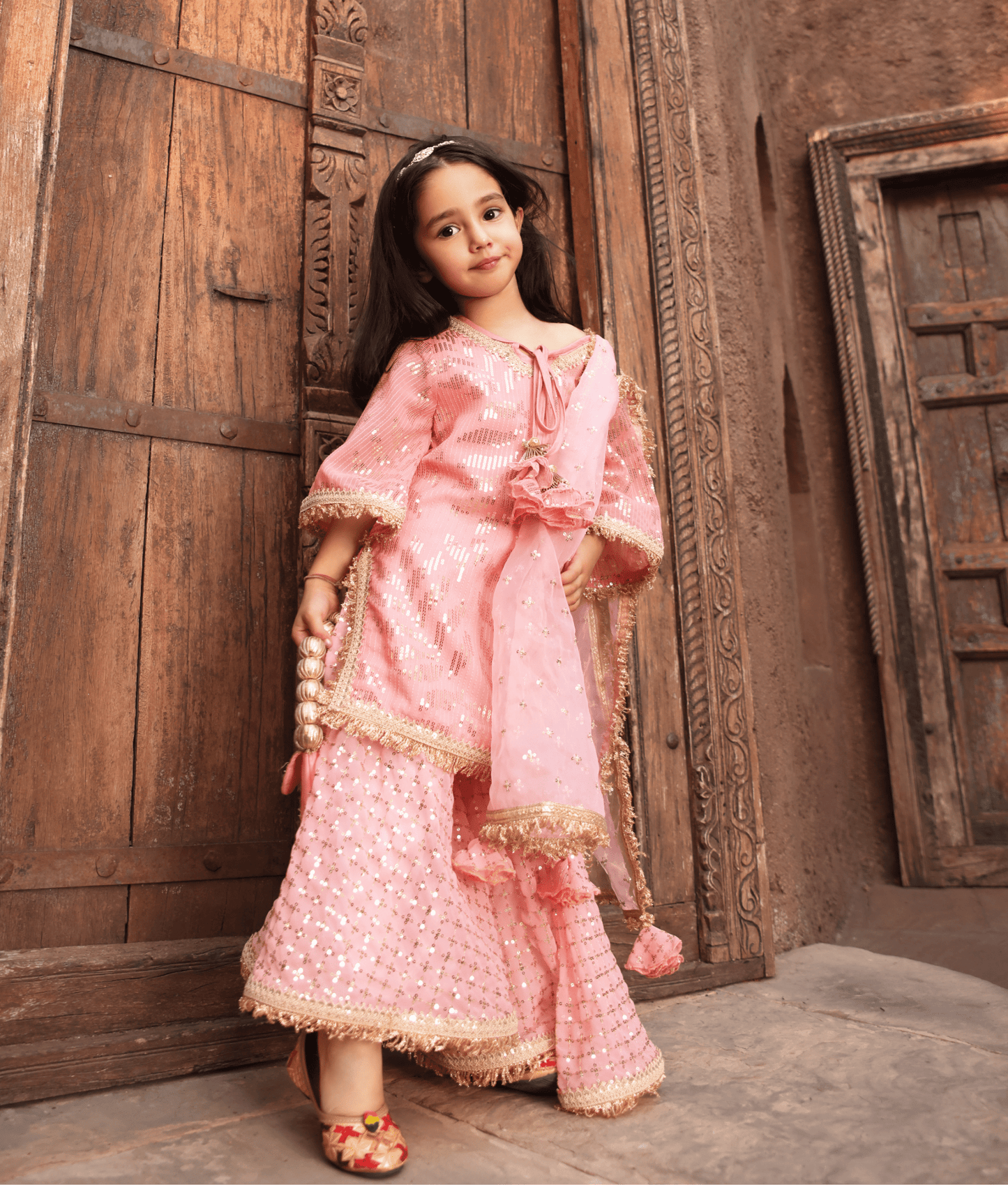Manufactured by FAYON KIDS (Noida, U.P) Peach Embroidery Sharara for Girls