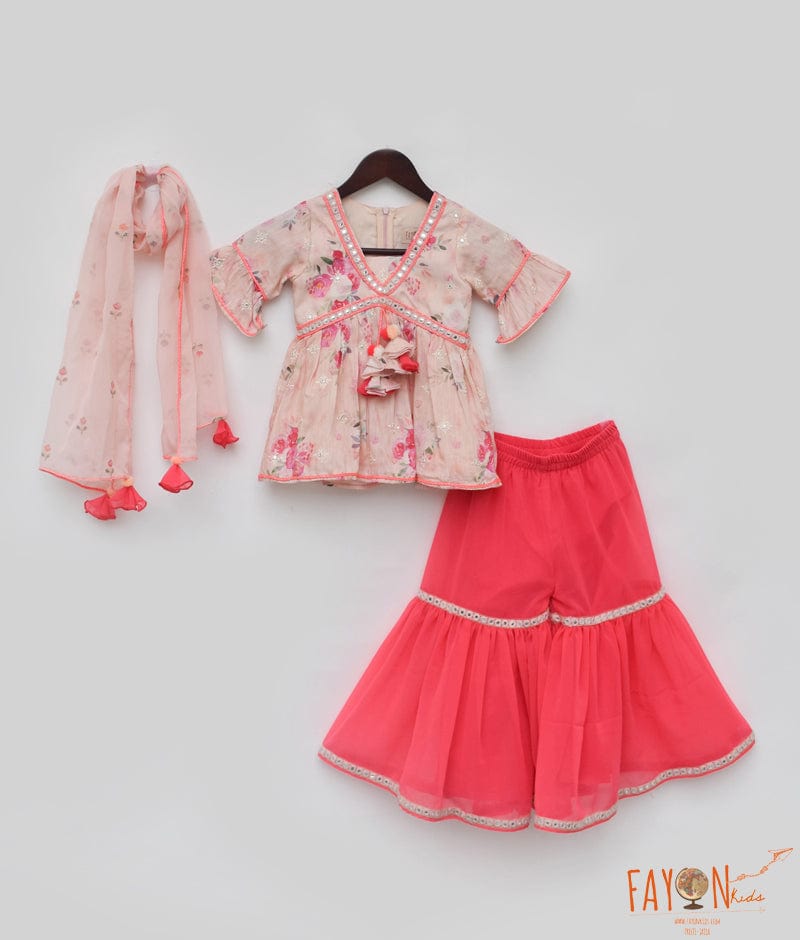 Manufactured by FAYON KIDS (Noida, U.P) Peach Printed Kurti with Sharara for Girls