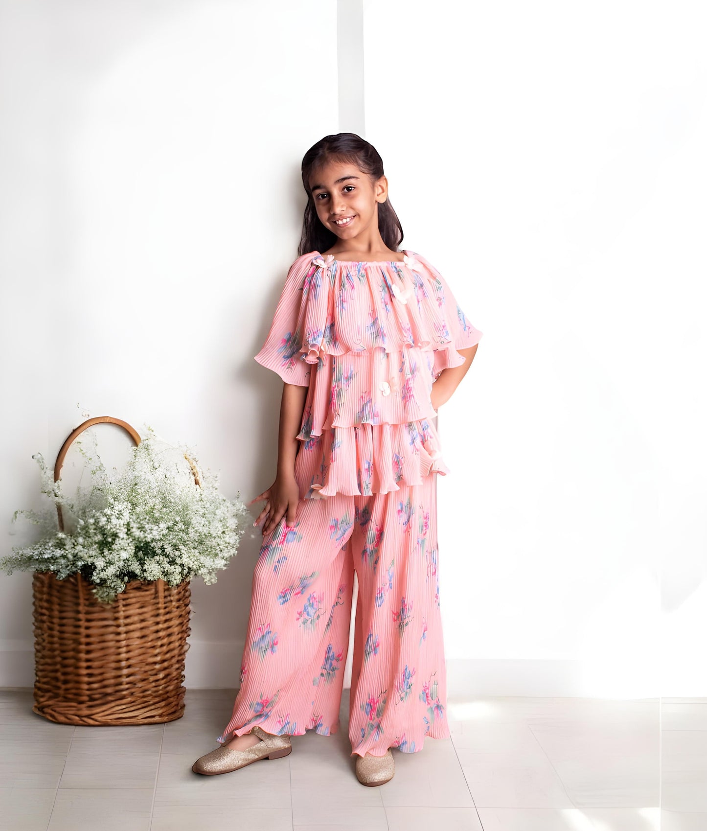 Manufactured by FAYON KIDS (Noida, U.P) Peach Printed Layered kurti with Plazzo for Girls