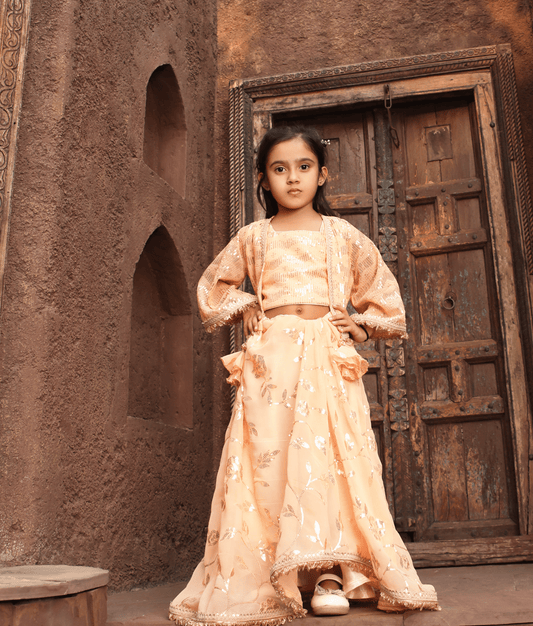 Manufactured by FAYON KIDS (Noida, U.P) Peach Sequence Embroidery Crop Top with Jacket for Girls