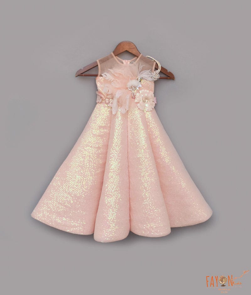 Manufactured by FAYON KIDS (Noida, U.P) Peach Sequence Embroidery Gown