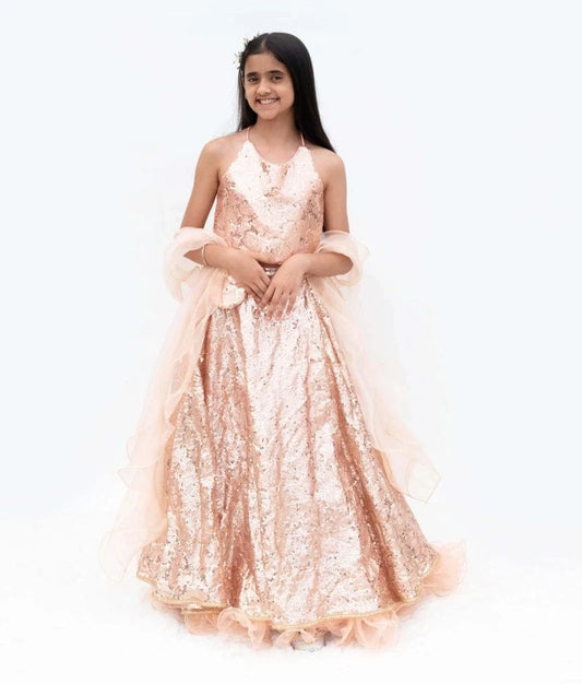Manufactured by FAYON KIDS (Noida, U.P) Peach Sparkle: Sequins Embroidered Lehenga Choli Set