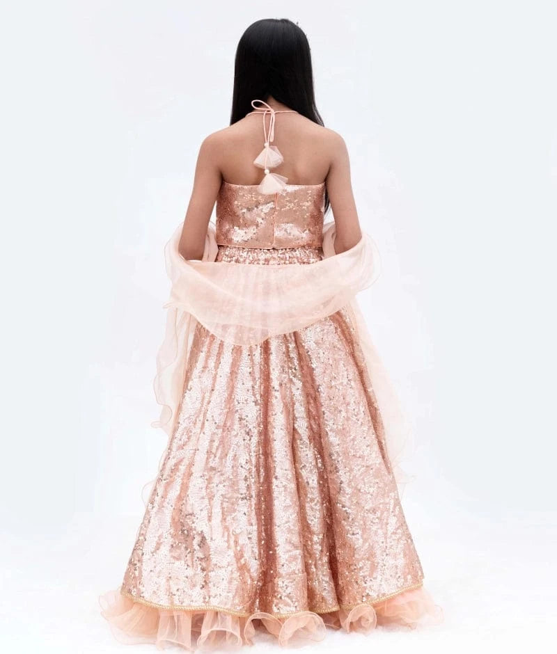 Manufactured by FAYON KIDS (Noida, U.P) Peach Sparkle: Sequins Embroidered Lehenga Choli Set