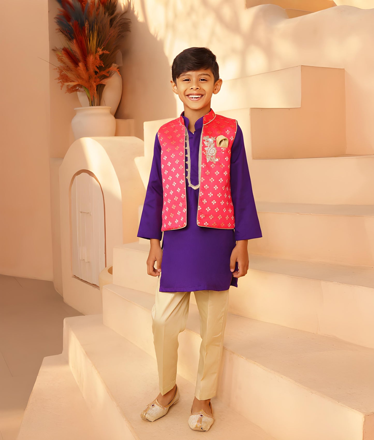 Manufactured by FAYON KIDS (Noida, U.P) Pink Brocade Jacket with Kurta and Pant