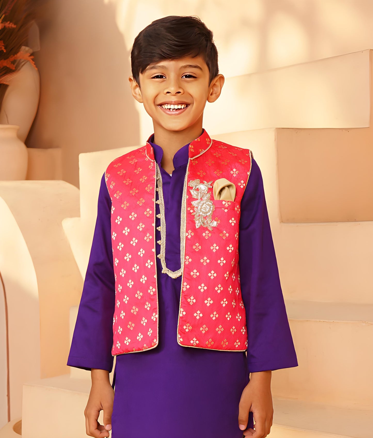 Manufactured by FAYON KIDS (Noida, U.P) Pink Brocade Jacket with Kurta and Pant