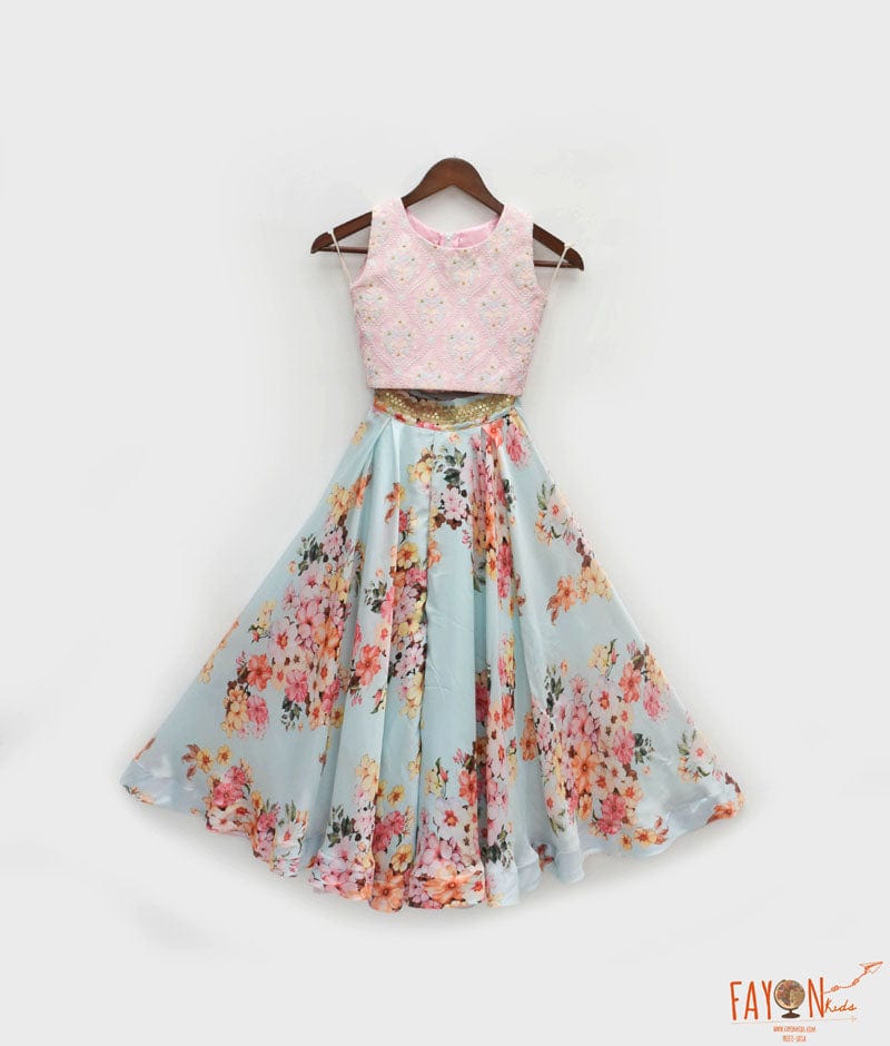 Pink Crop Top with Printed Plazo for Girls