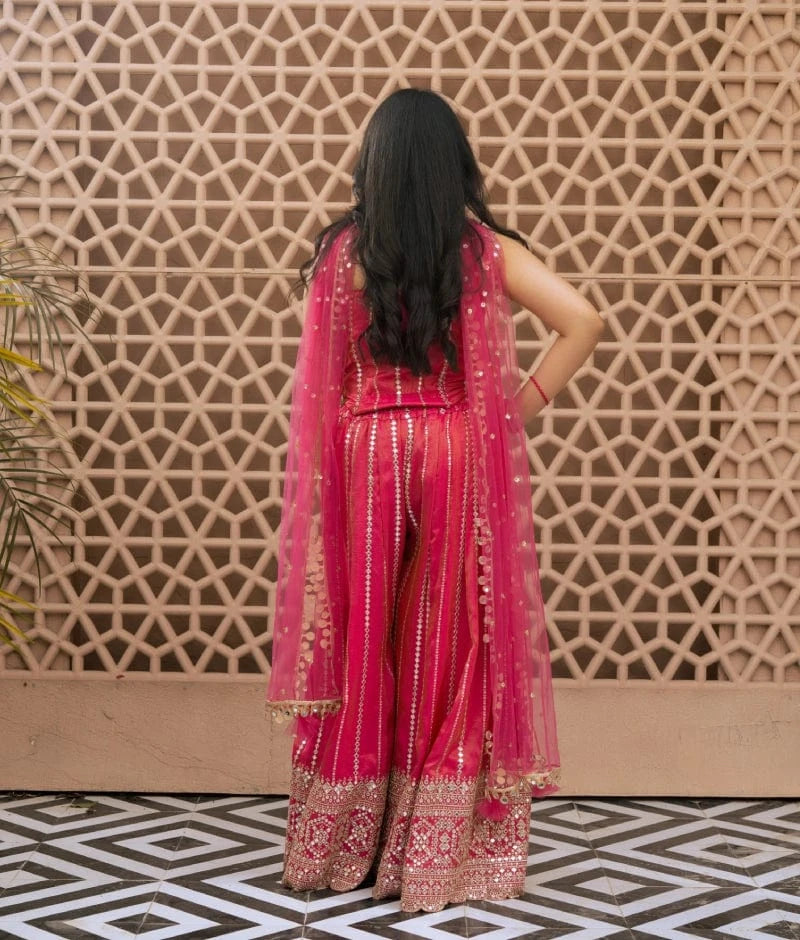 Pink Embroidered Top with Sharara Set
