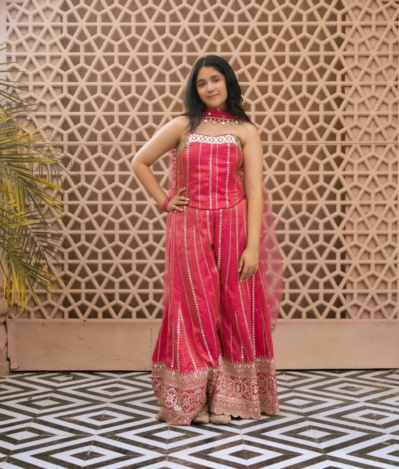 Pink Embroidered Top with Sharara Set