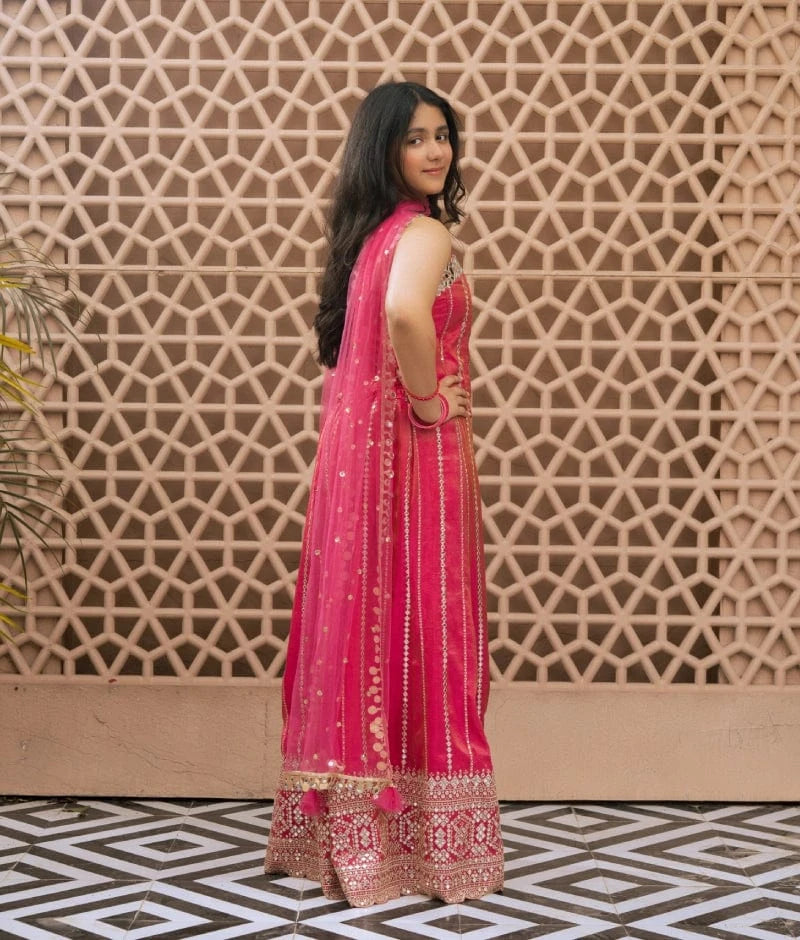 Pink Embroidered Top with Sharara Set