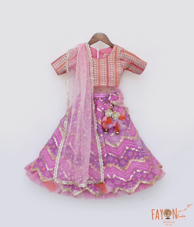 Manufactured by FAYON KIDS (Noida, U.P) Pink Embroidred Choli with Purple Lehenga for Girls