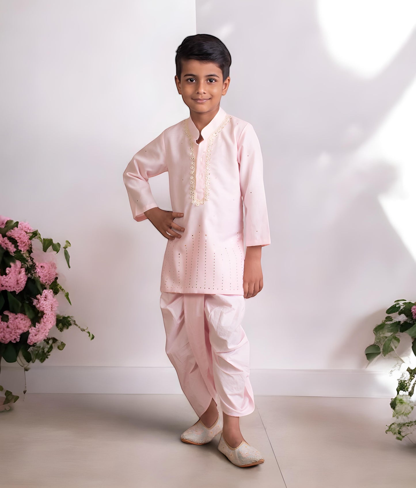 Manufactured by FAYON KIDS (Noida, U.P) Pink Faux Mukaish Work Kurta with Dhoti
