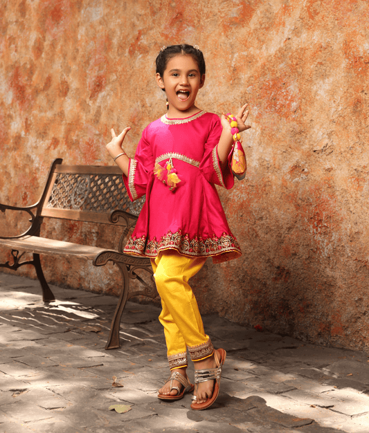 Manufactured by FAYON KIDS (Noida, U.P) Pink Kurti with Yellow Salwar for Girls