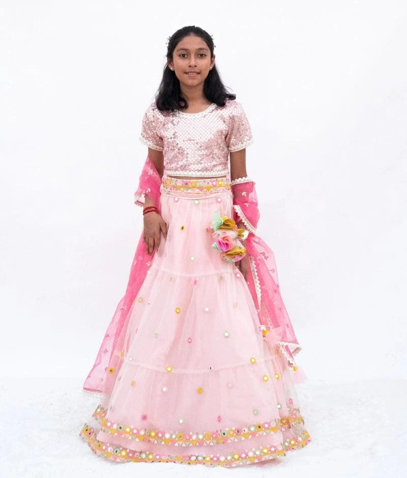 Manufactured by FAYON KIDS (Noida, U.P) Pink Mirror Embroidered Choli Lehenga Set