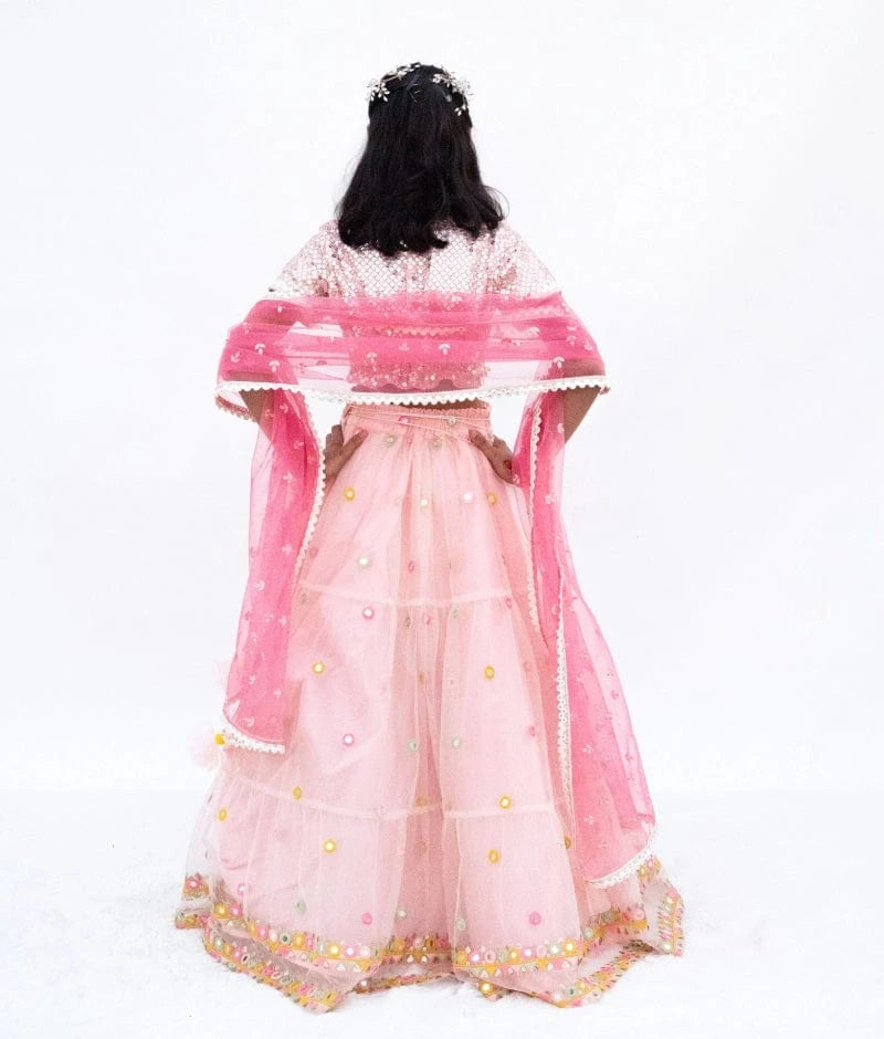 Manufactured by FAYON KIDS (Noida, U.P) Pink Mirror Embroidered Choli Lehenga Set