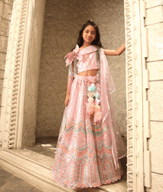 Manufactured by FAYON KIDS (Noida, U.P) Pink Sequence Embroidery Crop Top Skirt for Girls