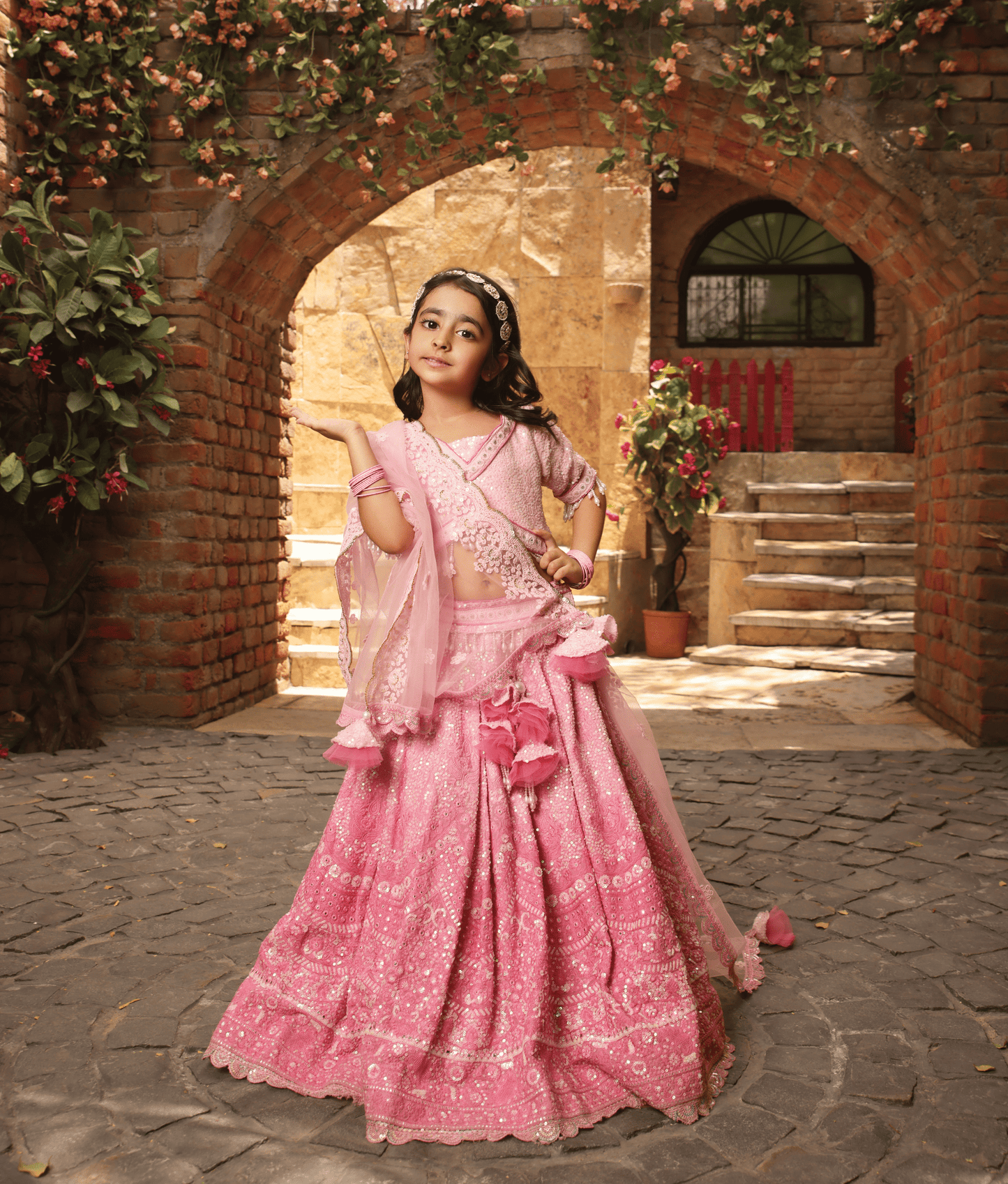 Manufactured by FAYON KIDS (Noida, U.P) Pink Thread Work Lehenga for Girls