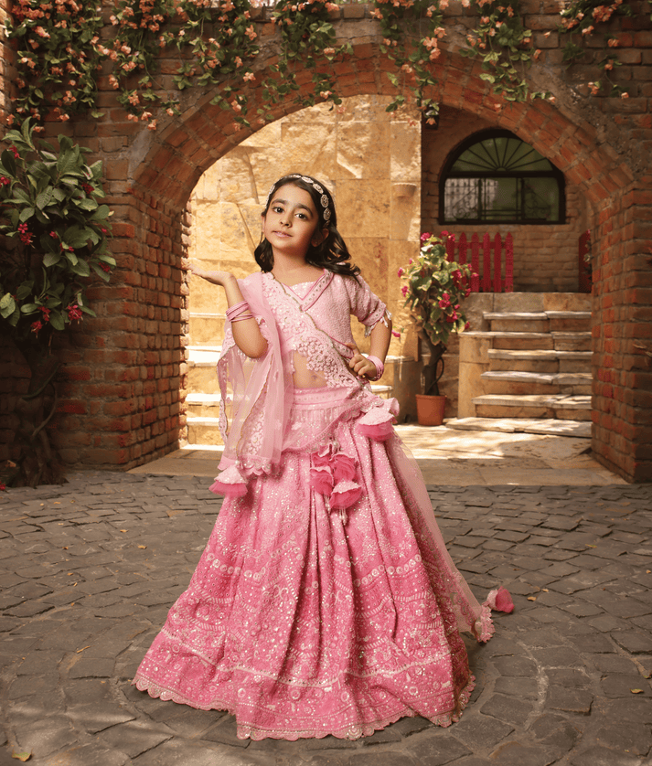 Manufactured by FAYON KIDS (Noida, U.P) Pink Thread Work Lehenga for Girls