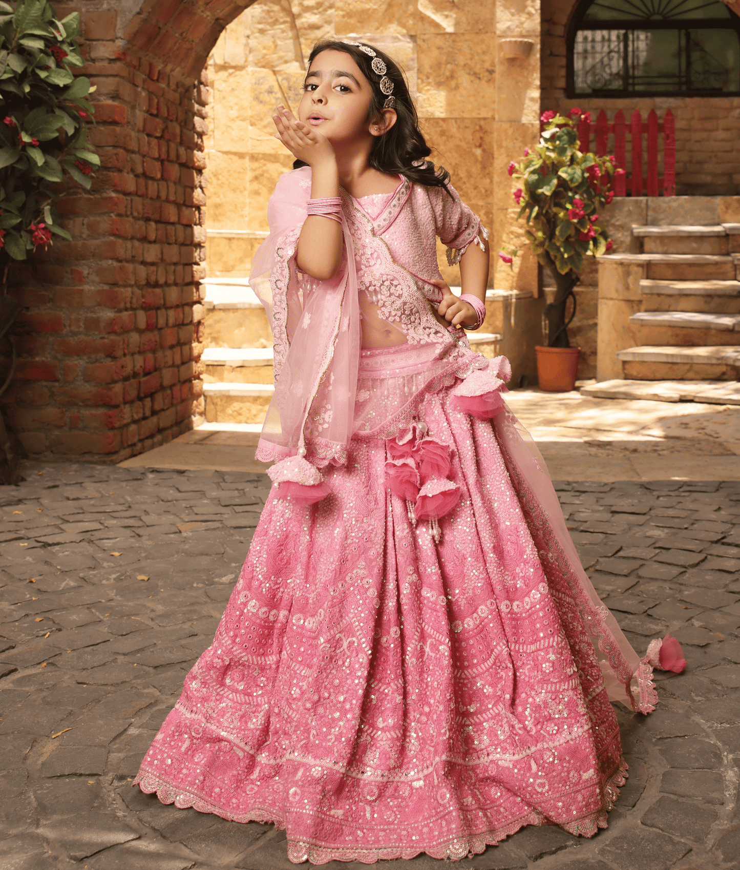 Manufactured by FAYON KIDS (Noida, U.P) Pink Thread Work Lehenga for Girls