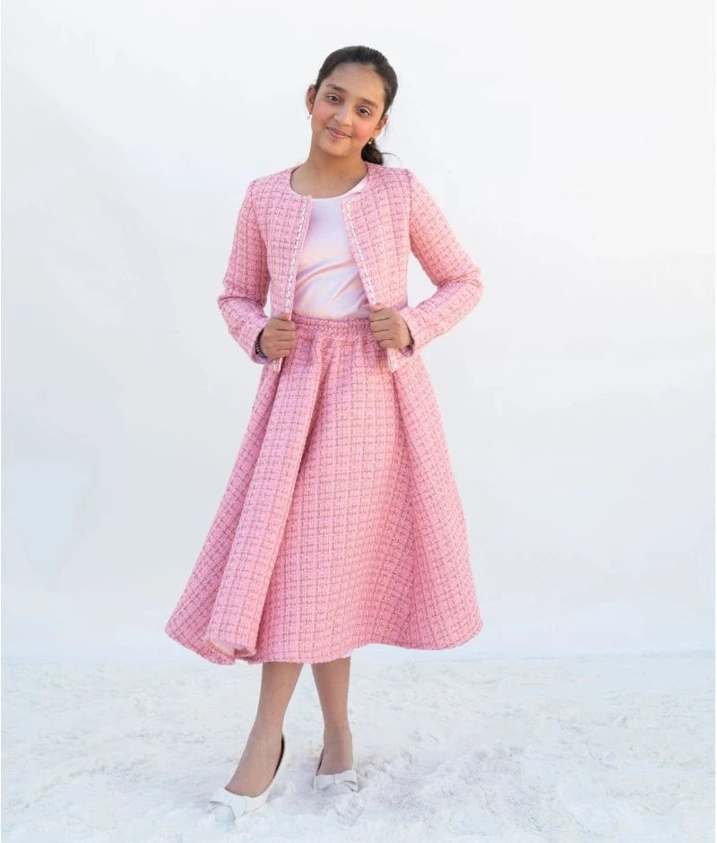 Manufactured by FAYON KIDS (Noida, U.P) Pink Tweed Crop Top & Skirt – A Winter Party Essential