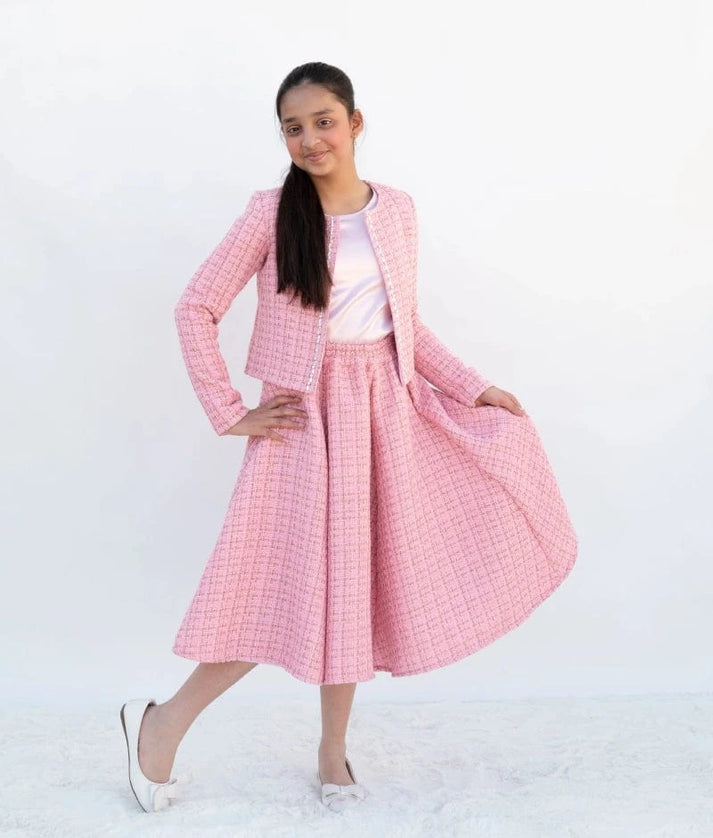 Manufactured by FAYON KIDS (Noida, U.P) Pink Tweed Crop Top & Skirt – A Winter Party Essential