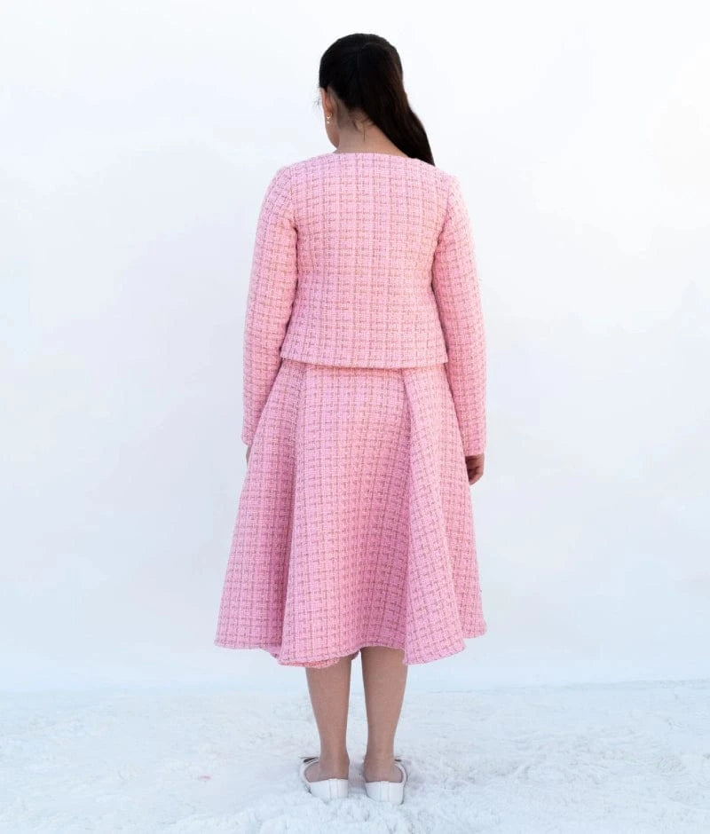 Manufactured by FAYON KIDS (Noida, U.P) Pink Tweed Crop Top & Skirt – A Winter Party Essential