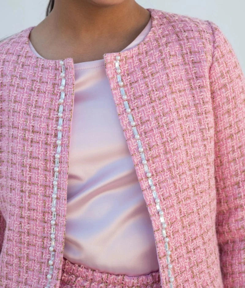 Manufactured by FAYON KIDS (Noida, U.P) Pink Tweed Crop Top & Skirt – A Winter Party Essential