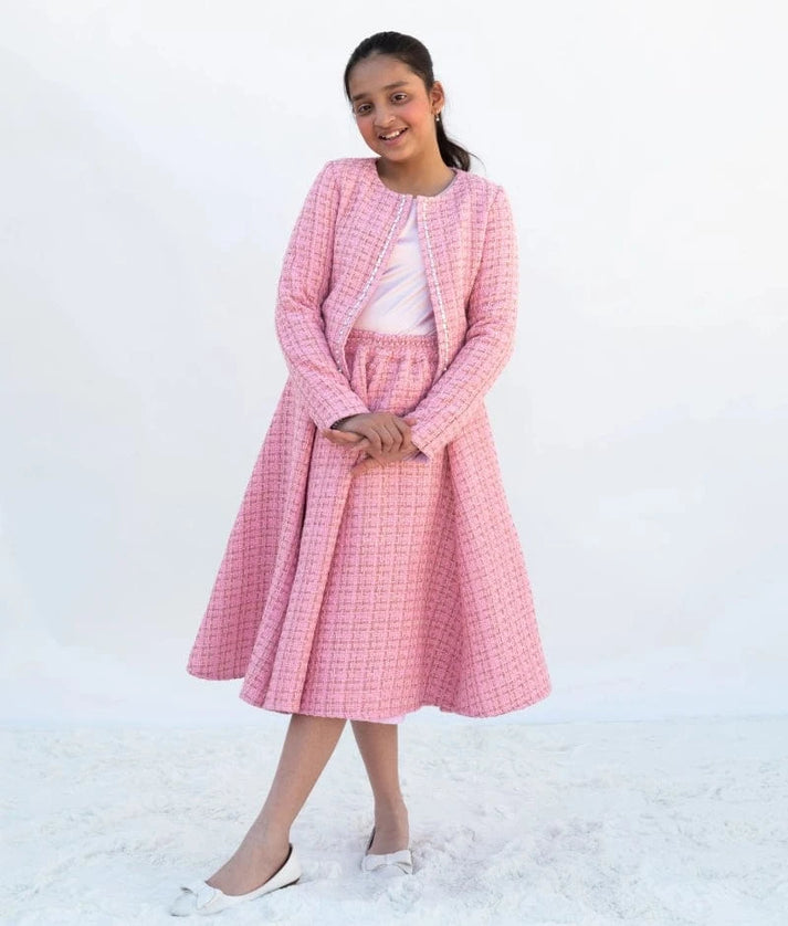 Manufactured by FAYON KIDS (Noida, U.P) Pink Tweed Crop Top & Skirt – A Winter Party Essential