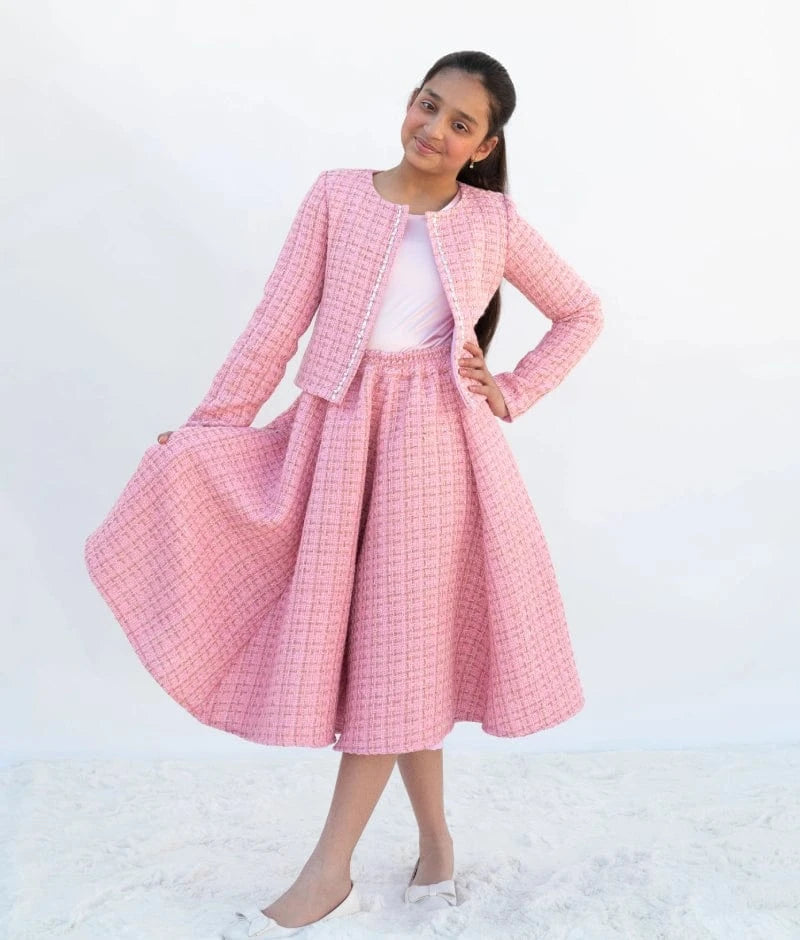 Manufactured by FAYON KIDS (Noida, U.P) Pink Tweed Crop Top & Skirt – A Winter Party Essential